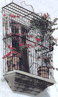 [Alamos wrought iron balcony with magenta bougainvillaea spilling down from pots: 29k]