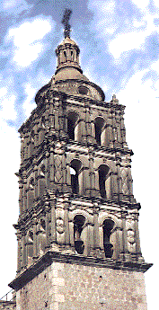 [church bell tower against the sky, Alamos, Mexico: 26k]