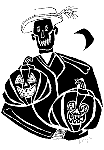 [Day of the Dead skeleton farmer with his Halloween pumpkins: 10k]