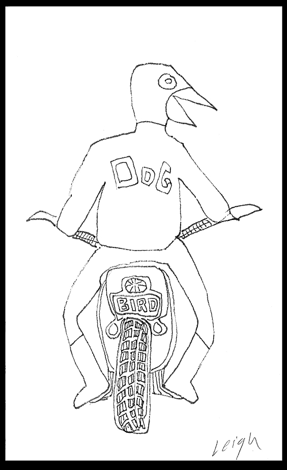 [Bird dog biker on motorcycle - Heading out, pen/ink, Carolyn Leigh: 197k]