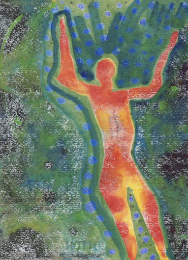 [gouche/oil pastel painting of red/yellow figure with upraised arms on blue/green background: 381k]